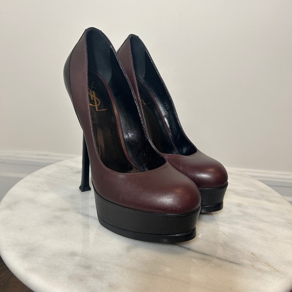 YSL Bordeaux and Black Leather Platform Heels - Picture 1 of 7